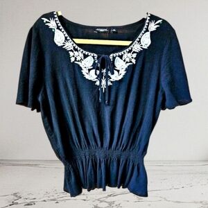 NOTATIONS Plus Size Black Floral Embroidery Lace Front Tie up Blouse.